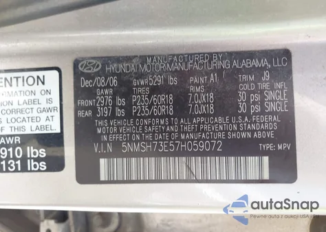 2007 Hyundai Santa Fe Limited/Se z USA, uszkodzony, nr VIN 5NMSH73E57H059072